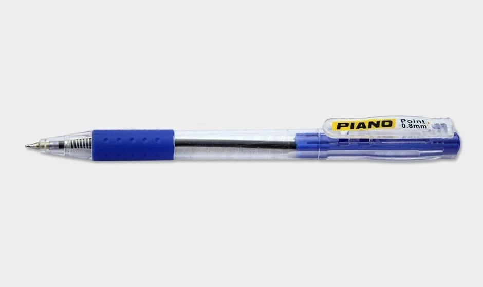 Blue Piano Point 0.8mm ballpoint pen with transparent barrel and textured rubber grip